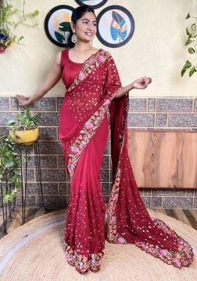 Maroon Sequin Embroidered Georgette Saree Set