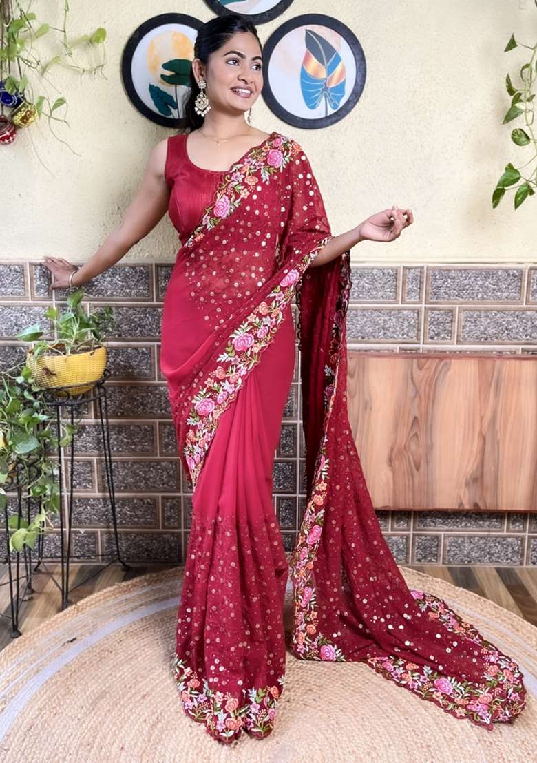 Maroon Sequin Embroidered Georgette Saree Set - Indya