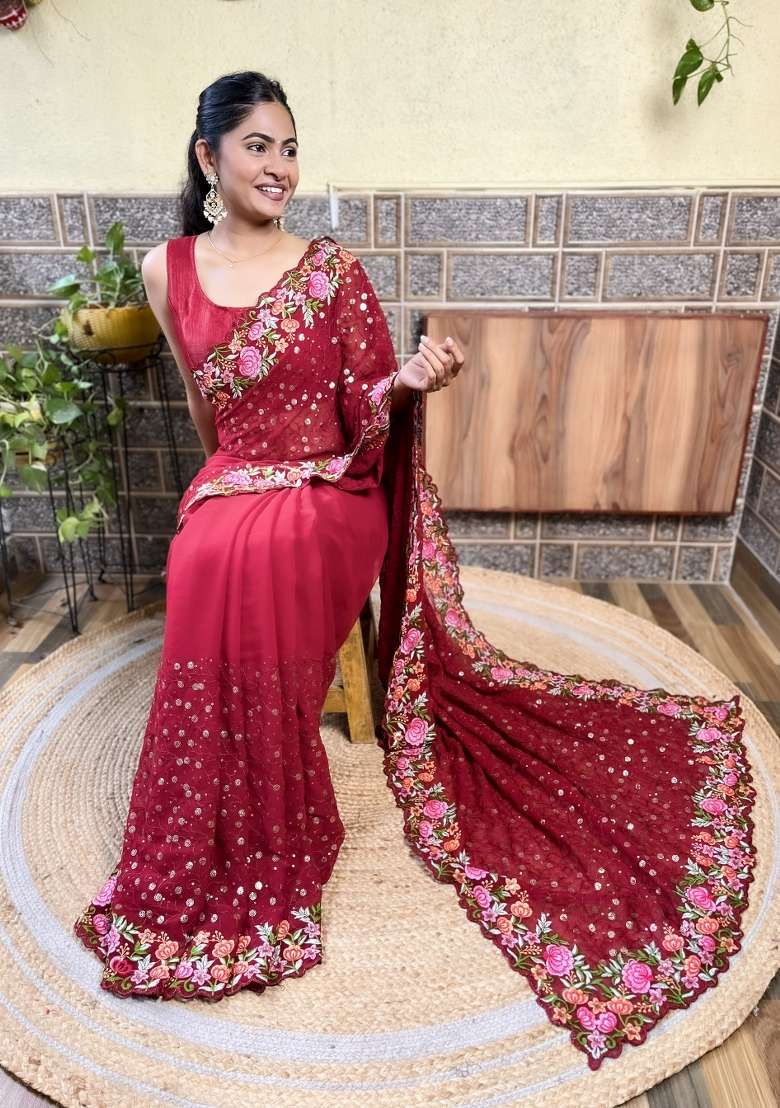 Maroon Sequin Embroidered Georgette Saree Set - Indya