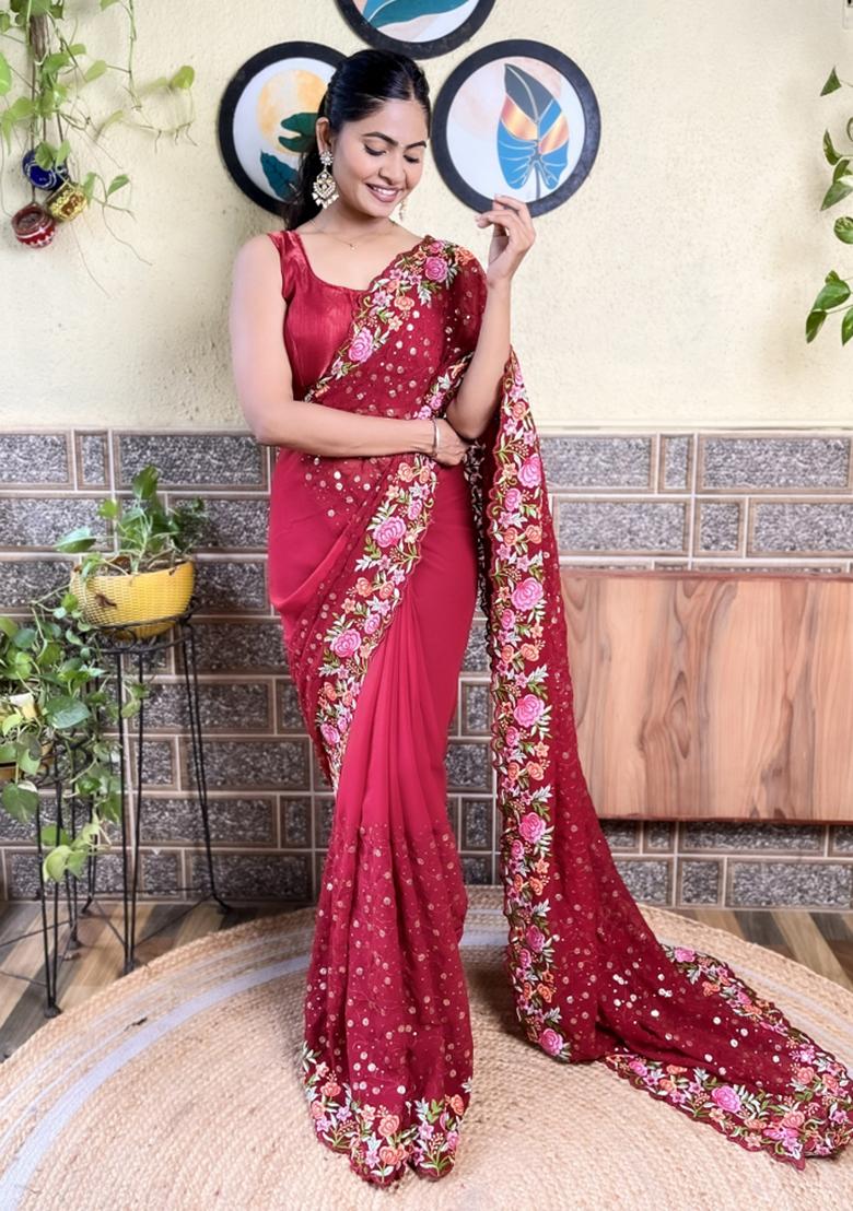 Maroon Sequin Embroidered Georgette Saree Set