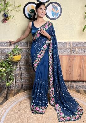 Blue Sequin Embroidered Georgette Saree Set