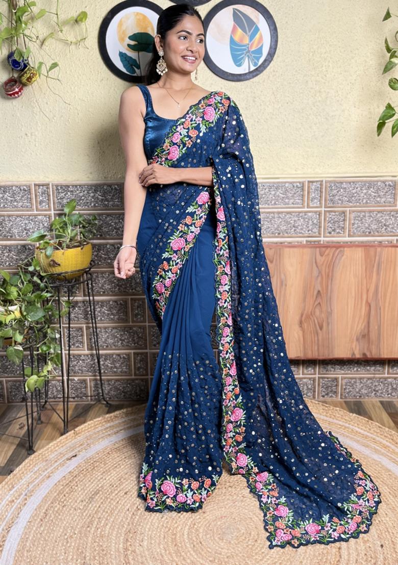 Blue Sequin Embroidered Georgette Saree Set