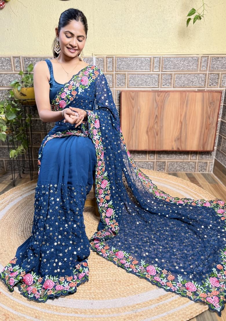 Blue Sequin Embroidered Georgette Saree Set
