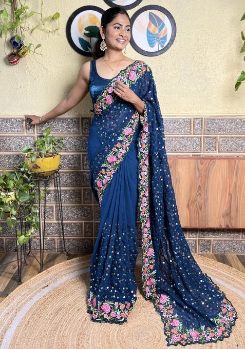 Blue Sequin Embroidered Georgette Saree Set