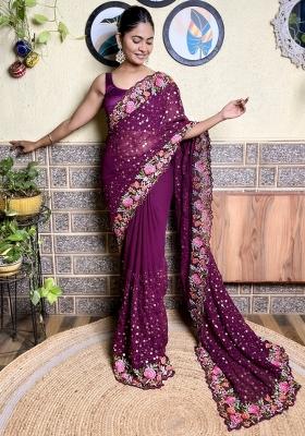 Maroon Sequin Embroidered Georgette Saree Set