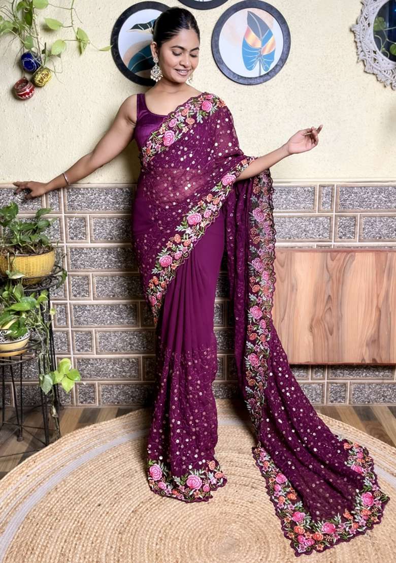 Maroon Sequin Embroidered Georgette Saree Set - Indya