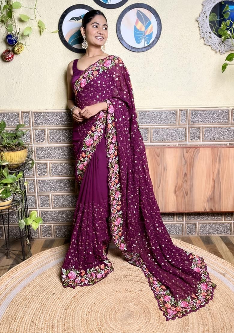 Maroon Sequin Embroidered Georgette Saree Set