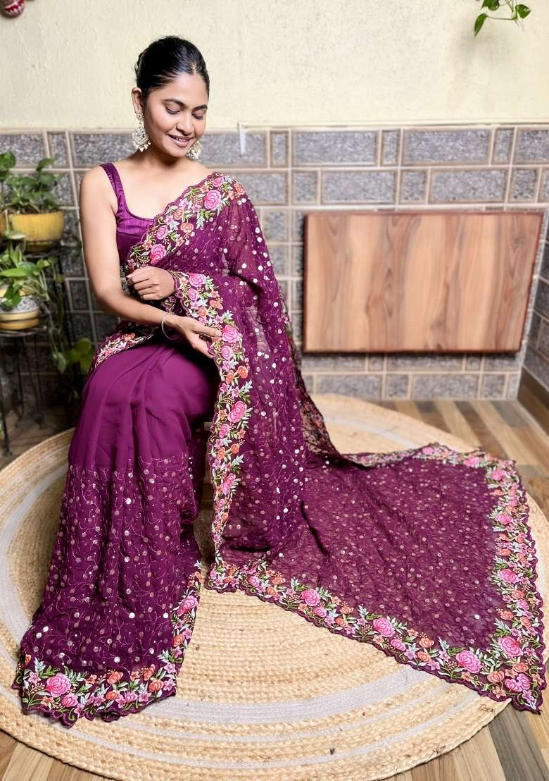 Maroon Sequin Embroidered Georgette Saree Set - Indya