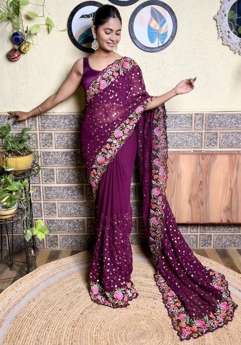 Maroon Sequin Embroidered Georgette Saree Set