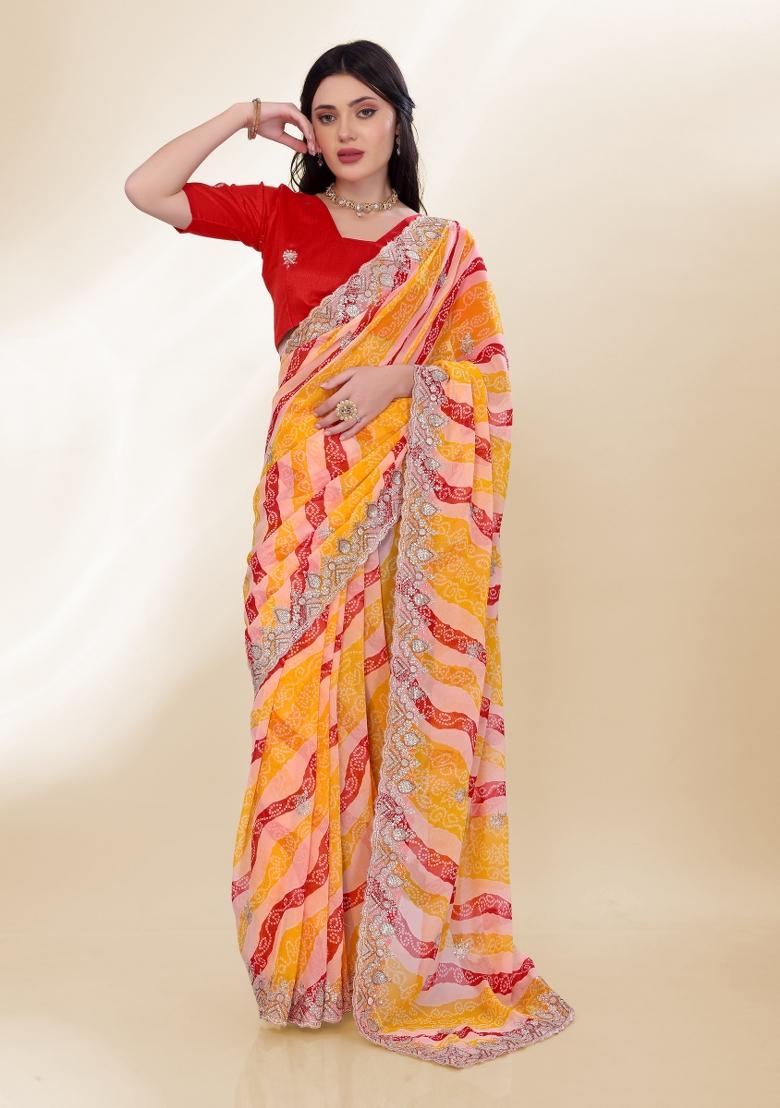 Yellow Bandhani Print Georgette Saree Set
