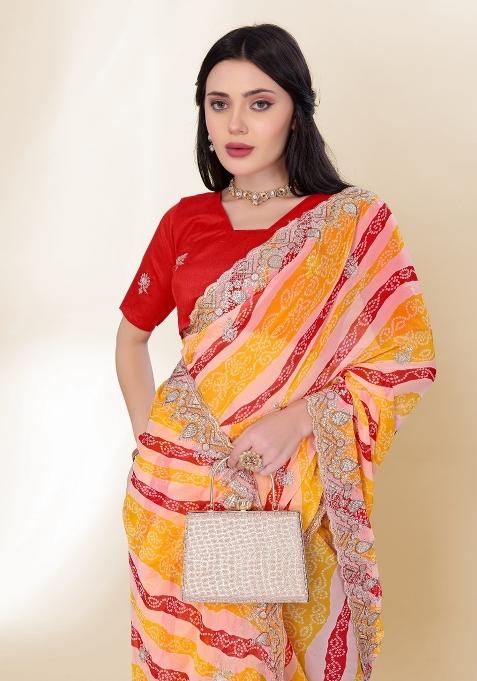 Yellow Bandhani Print Georgette Saree Set