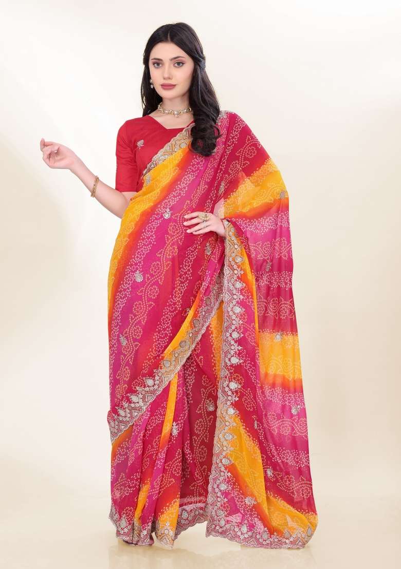 Pink Bandhani Print Georgette Saree Set - Indya