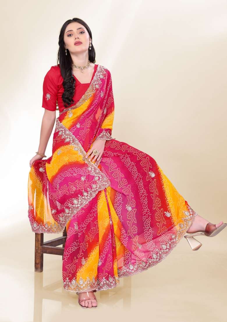 Pink Bandhani Print Georgette Saree Set - Indya