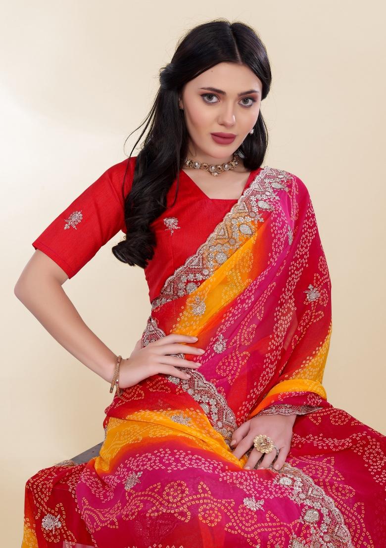 Pink Bandhani Print Georgette Saree Set