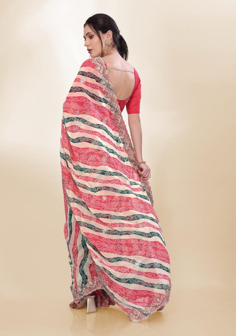 White Bandhani Print Georgette Saree Set