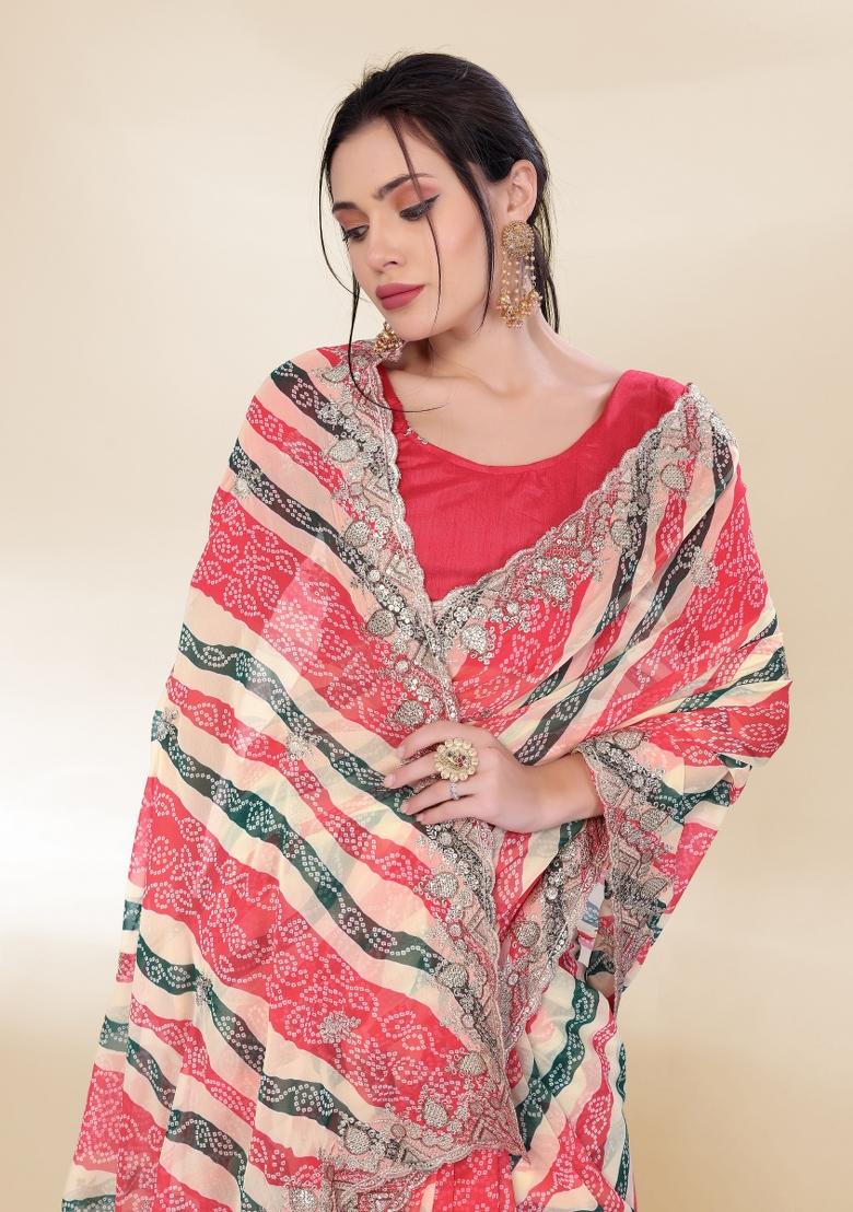 White Bandhani Print Georgette Saree Set