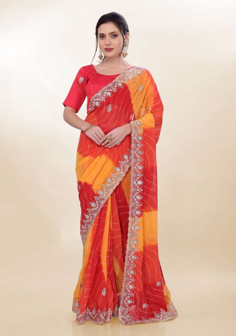 Orange Bandhani Print Georgette Saree Set - Indya