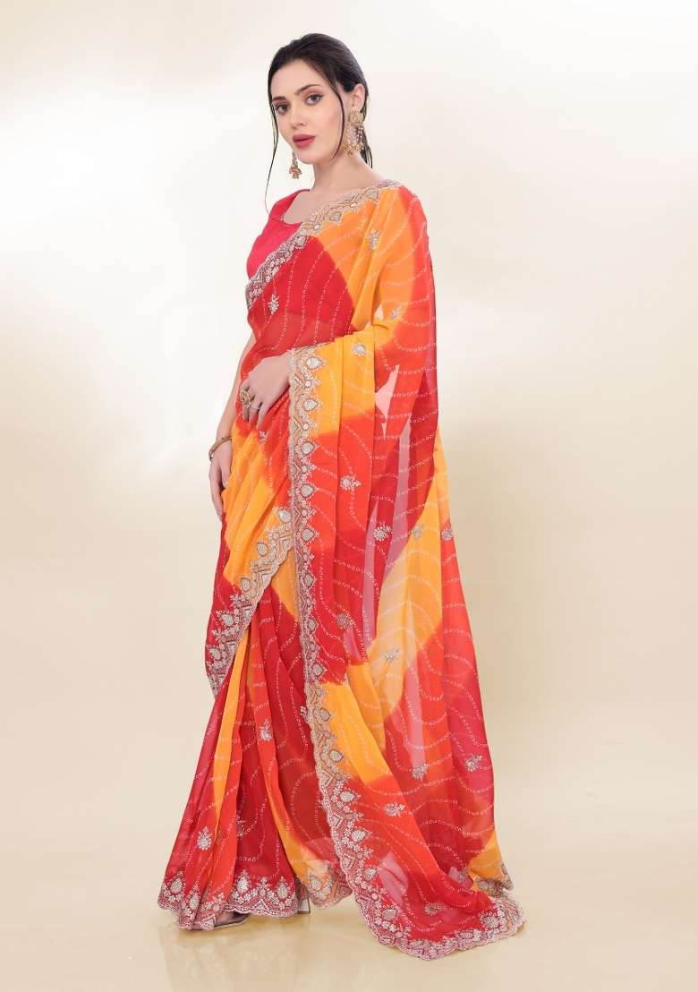 Orange Bandhani Print Georgette Saree Set - Indya