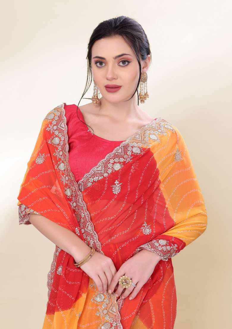 Orange Bandhani Print Georgette Saree Set - Indya