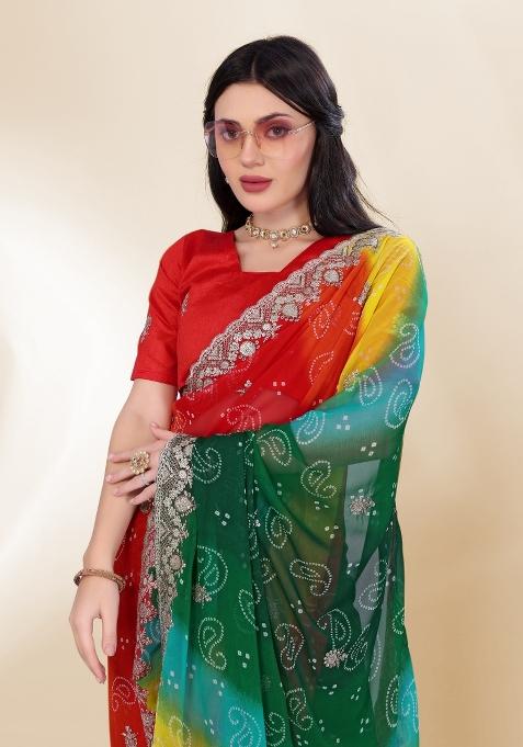 Green Bandhani Print Georgette Saree Set