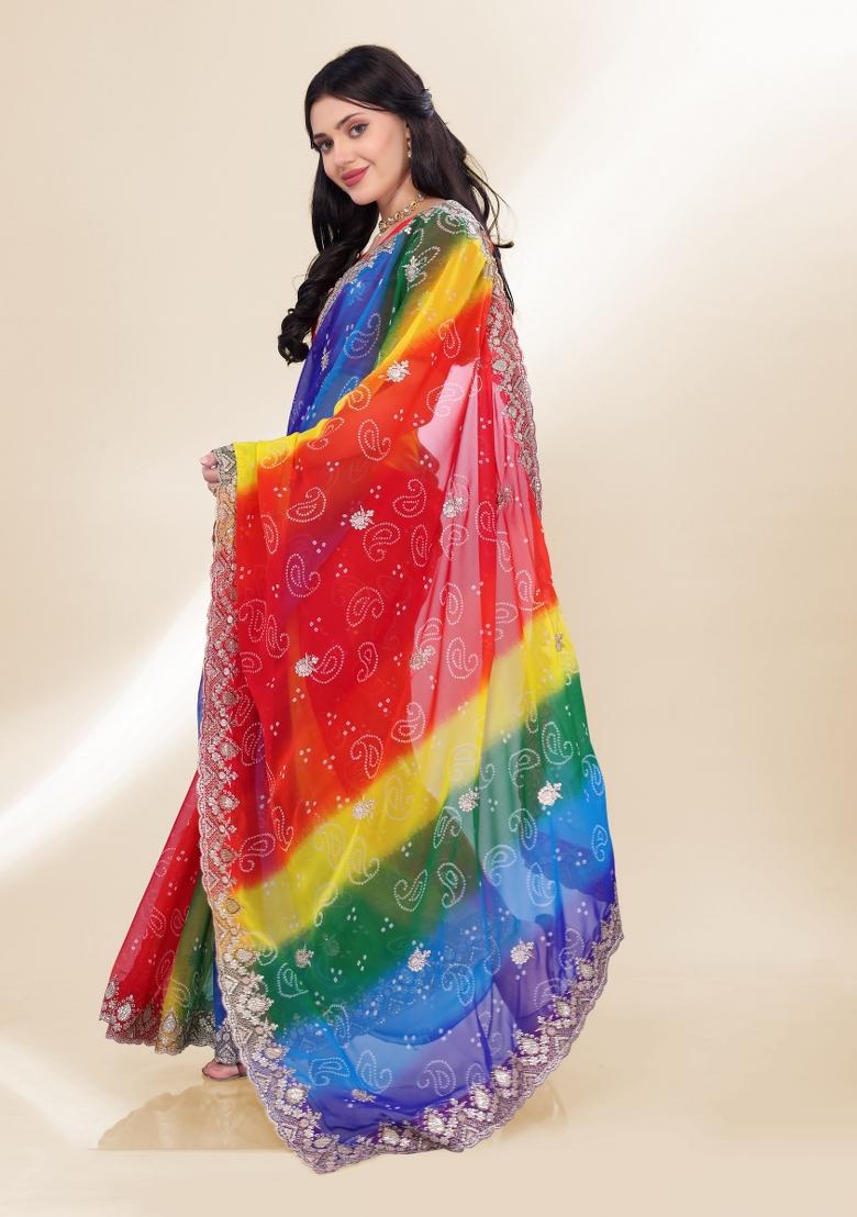 Blue Bandhani Print Georgette Saree Set