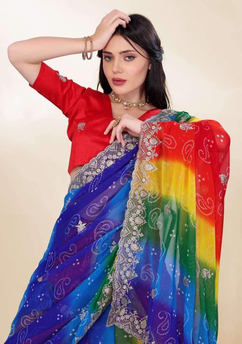 Blue Bandhani Print Georgette Saree Set - Indya