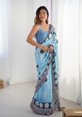 Blue Digital Print Chinon Saree Set