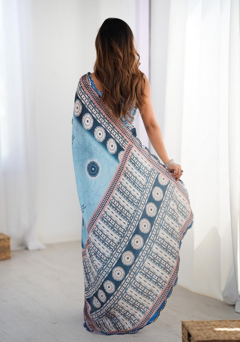 Blue Digital Print Chinon Saree Set