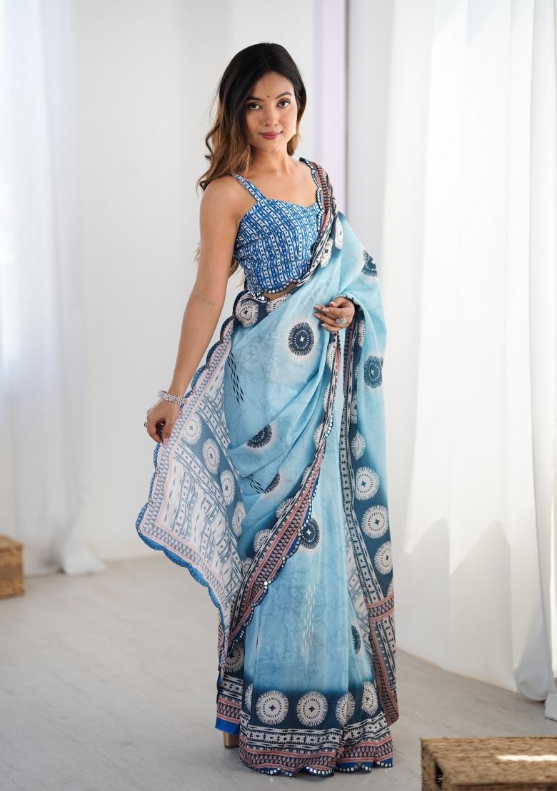 Blue Digital Print Chinon Saree Set