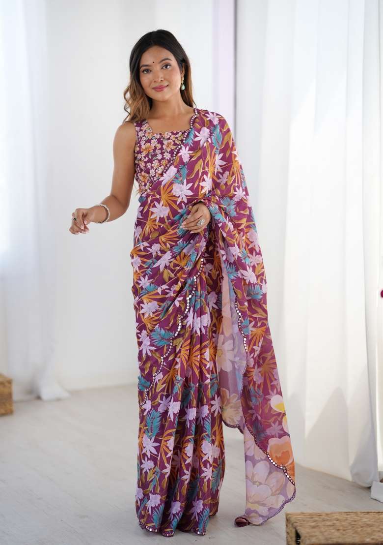 Maroon Digital Print Chinon Saree Set - Indya