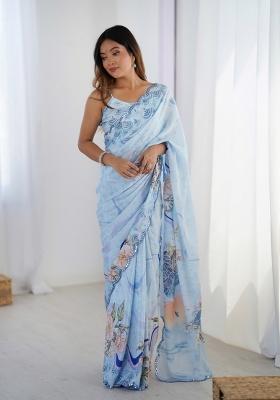 Sky Blue Digital Print Chinon Saree Set