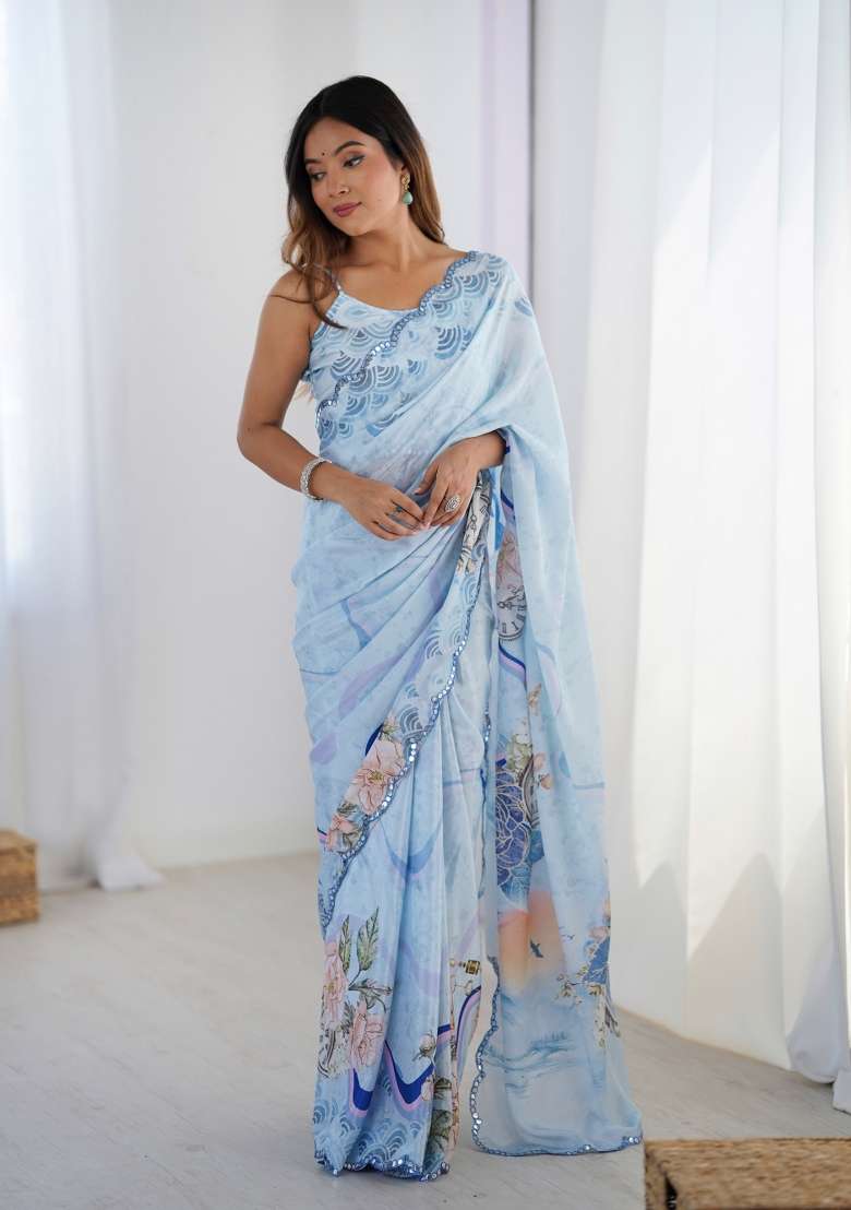 Sky Blue Digital Print Chinon Saree Set - Indya