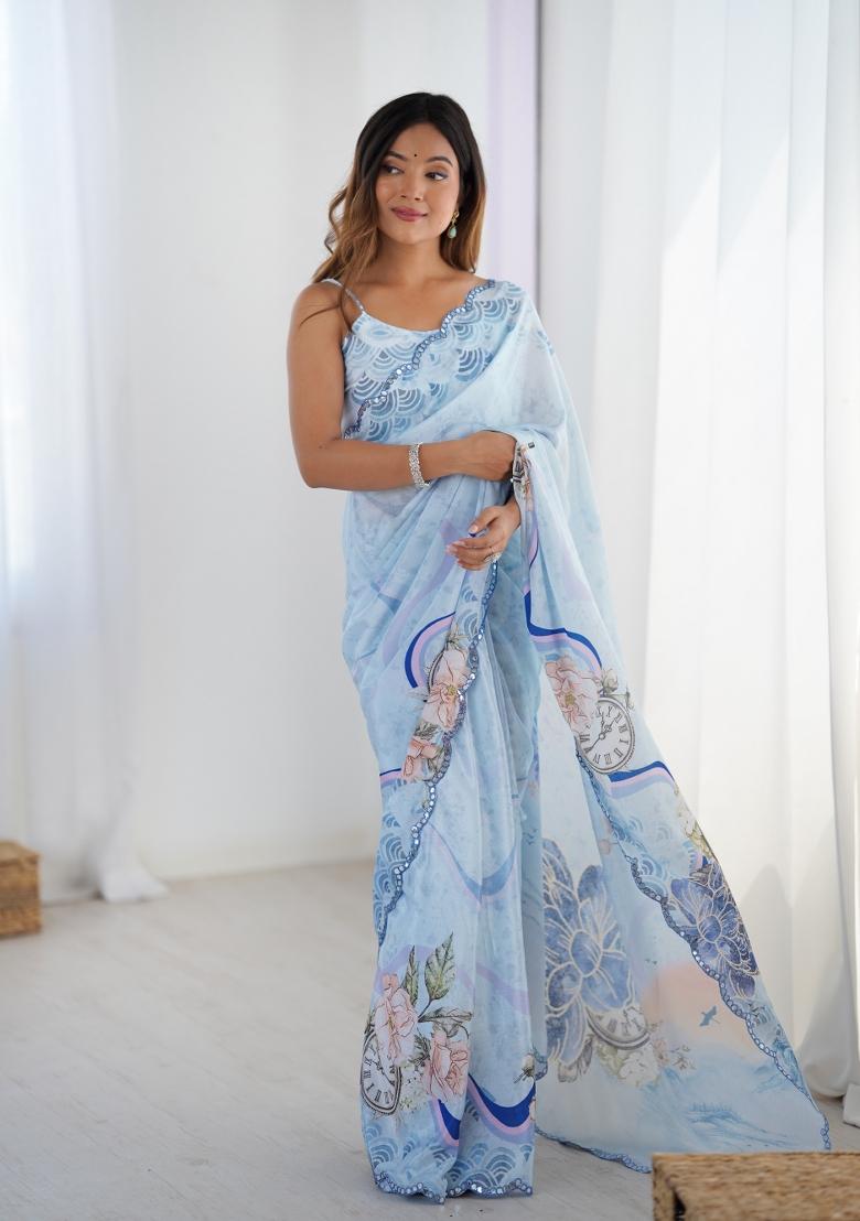 Sky Blue Digital Print Chinon Saree Set