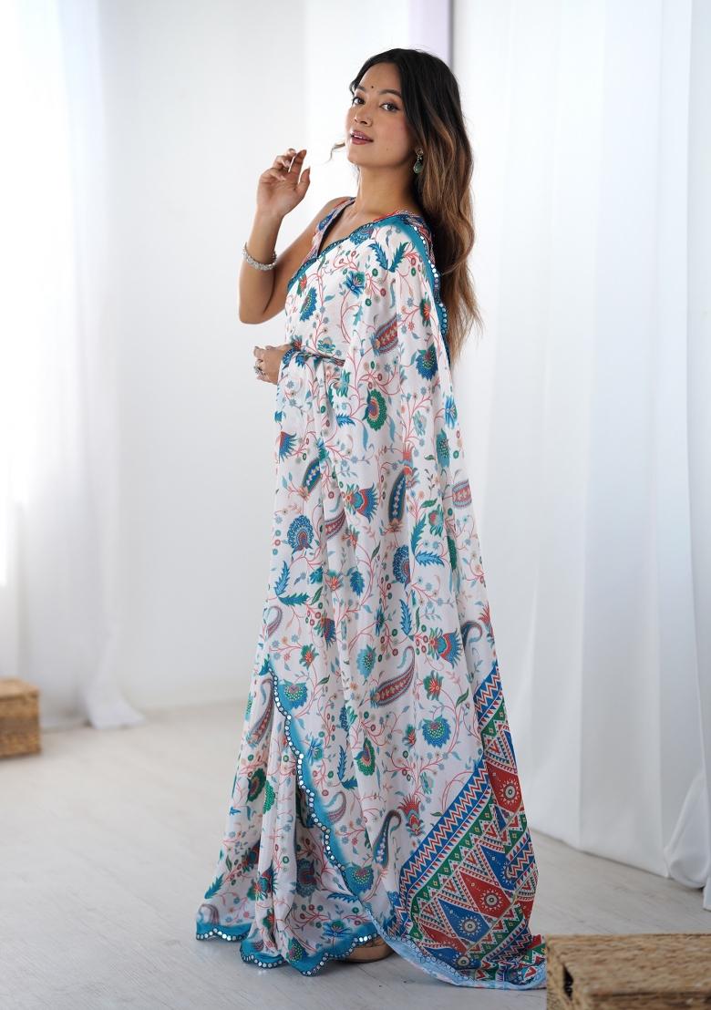 White Digital Print Chinon Saree Set