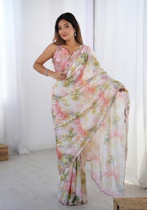 Pink Digital Print Chinon Saree Set