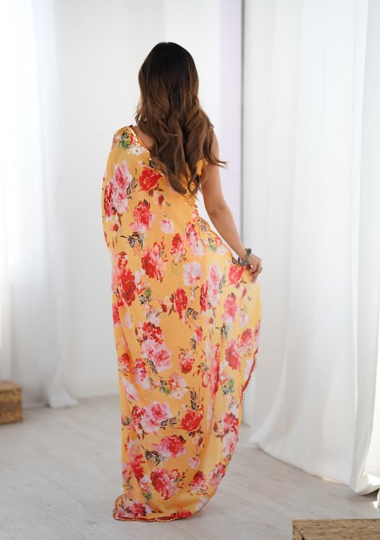 Orange Digital Print Chinon Saree Set