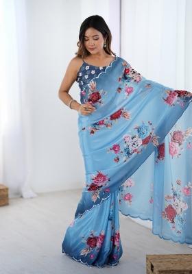 Blue Digital Print Chinon Saree Set