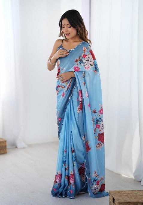 Blue Digital Print Chinon Saree Set
