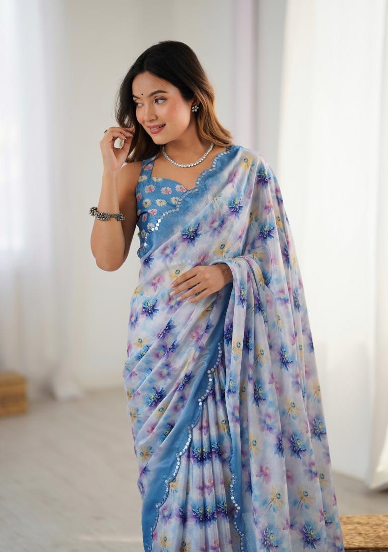Blue Digital Print Chinon Saree Set