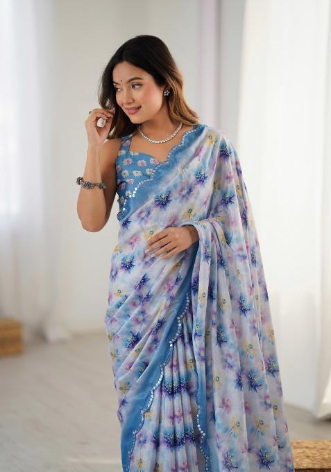 Blue Digital Print Chinon Saree Set
