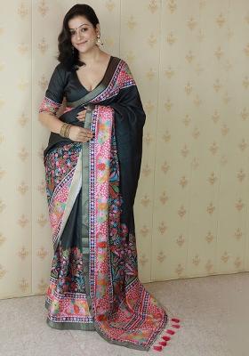Black Zari Work Tussar Silk Saree Set