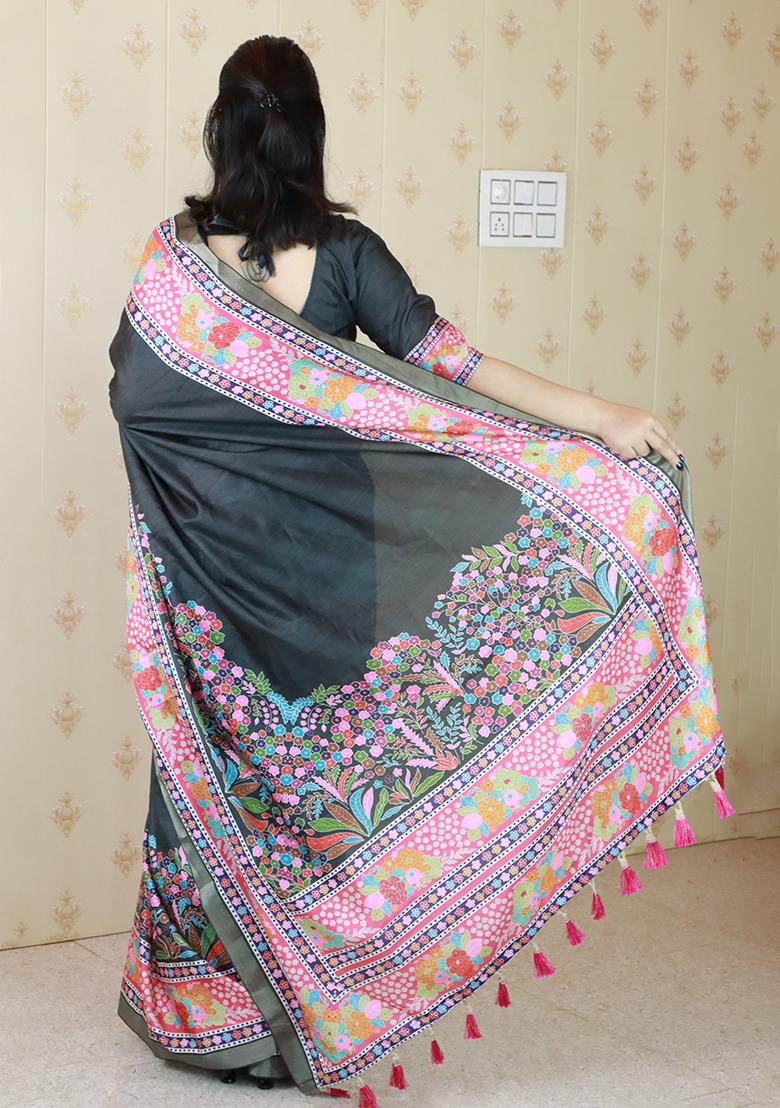 Black Zari Work Tussar Silk Saree Set