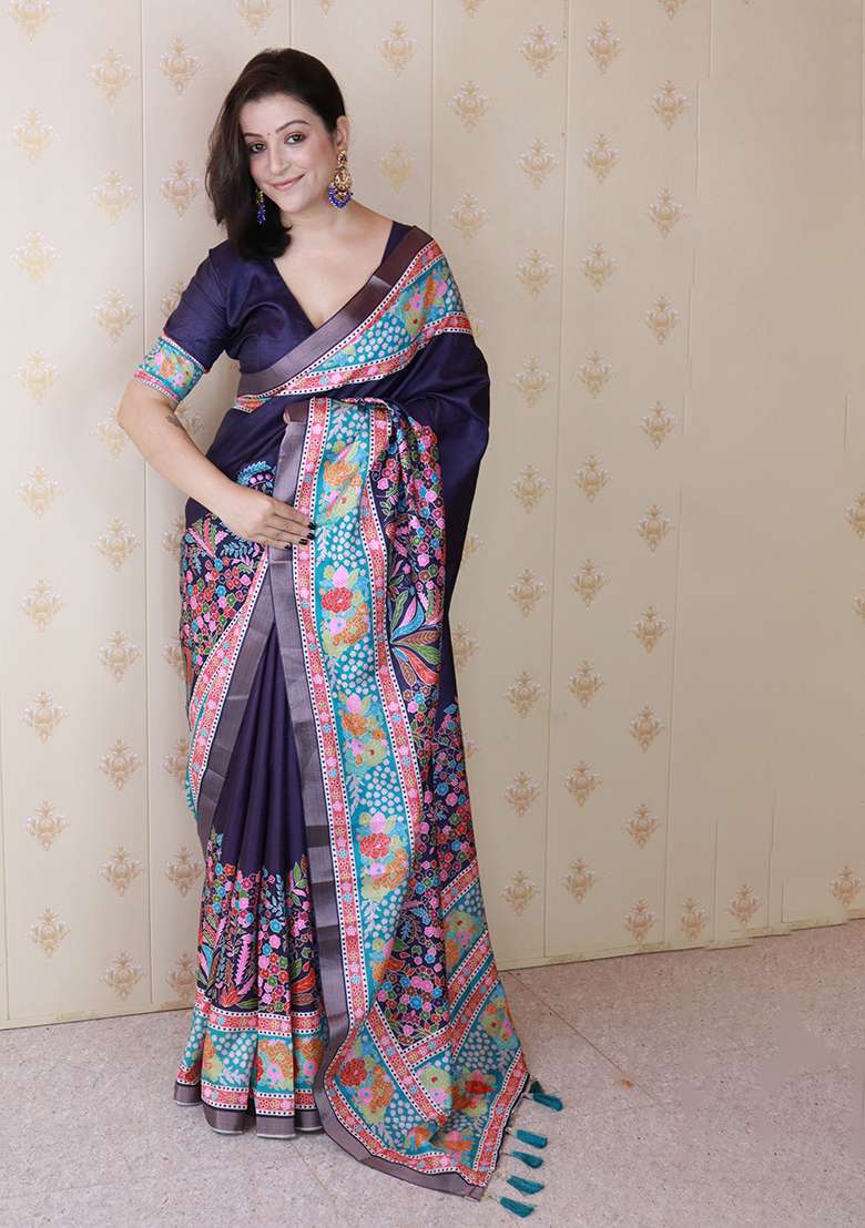 Blue Zari Work Tussar Silk Saree Set - Indya