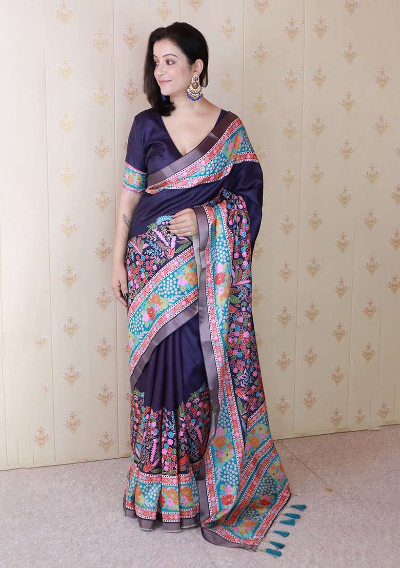 Blue Zari Work Tussar Silk Saree Set - Indya