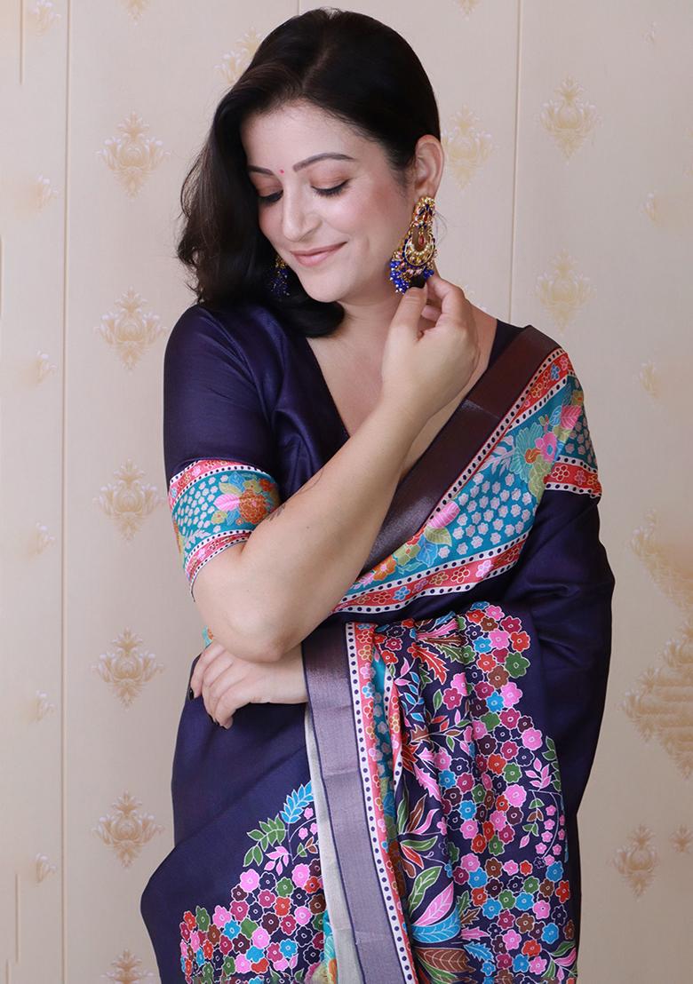 Blue Zari Work Tussar Silk Saree Set