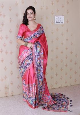 Pink Zari Work Tussar Silk Saree Set