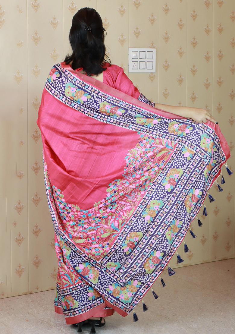 Pink Zari Work Tussar Silk Saree Set