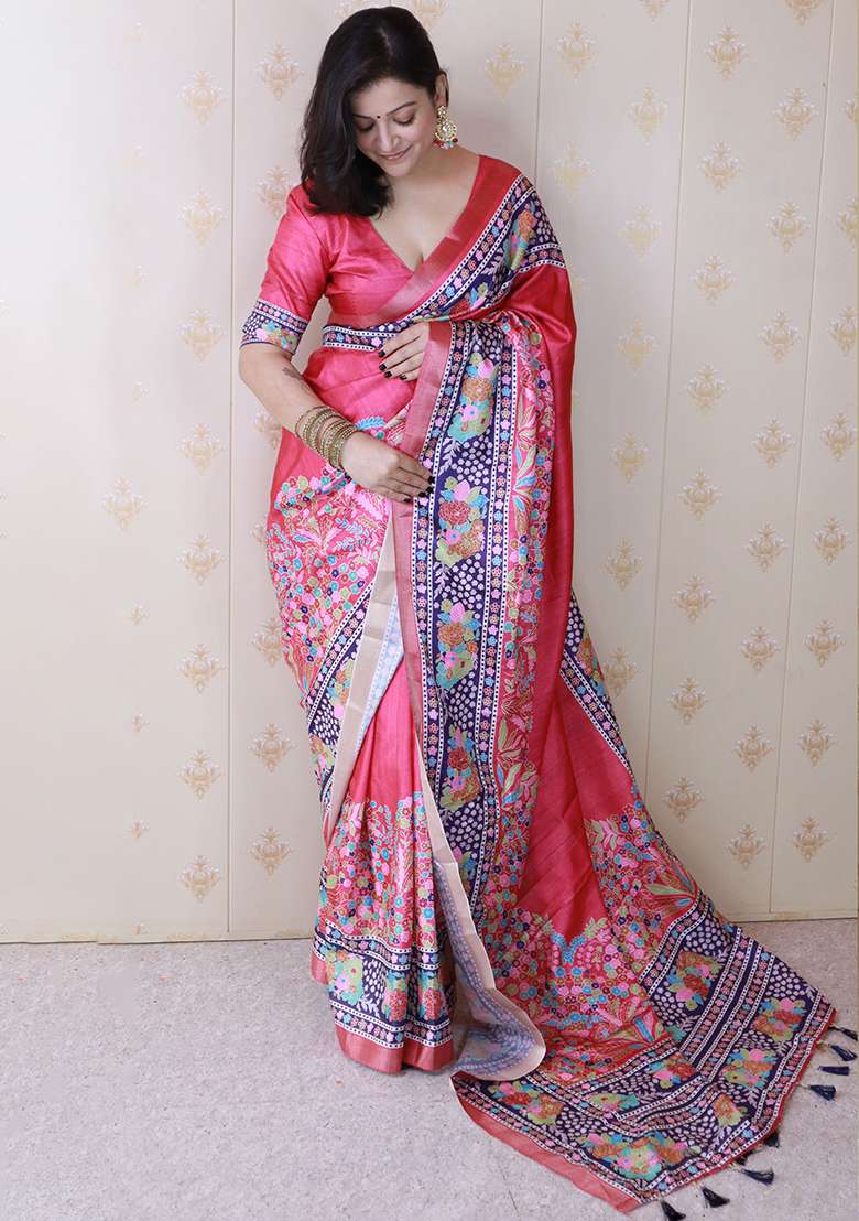 Pink Zari Work Tussar Silk Saree Set - Indya
