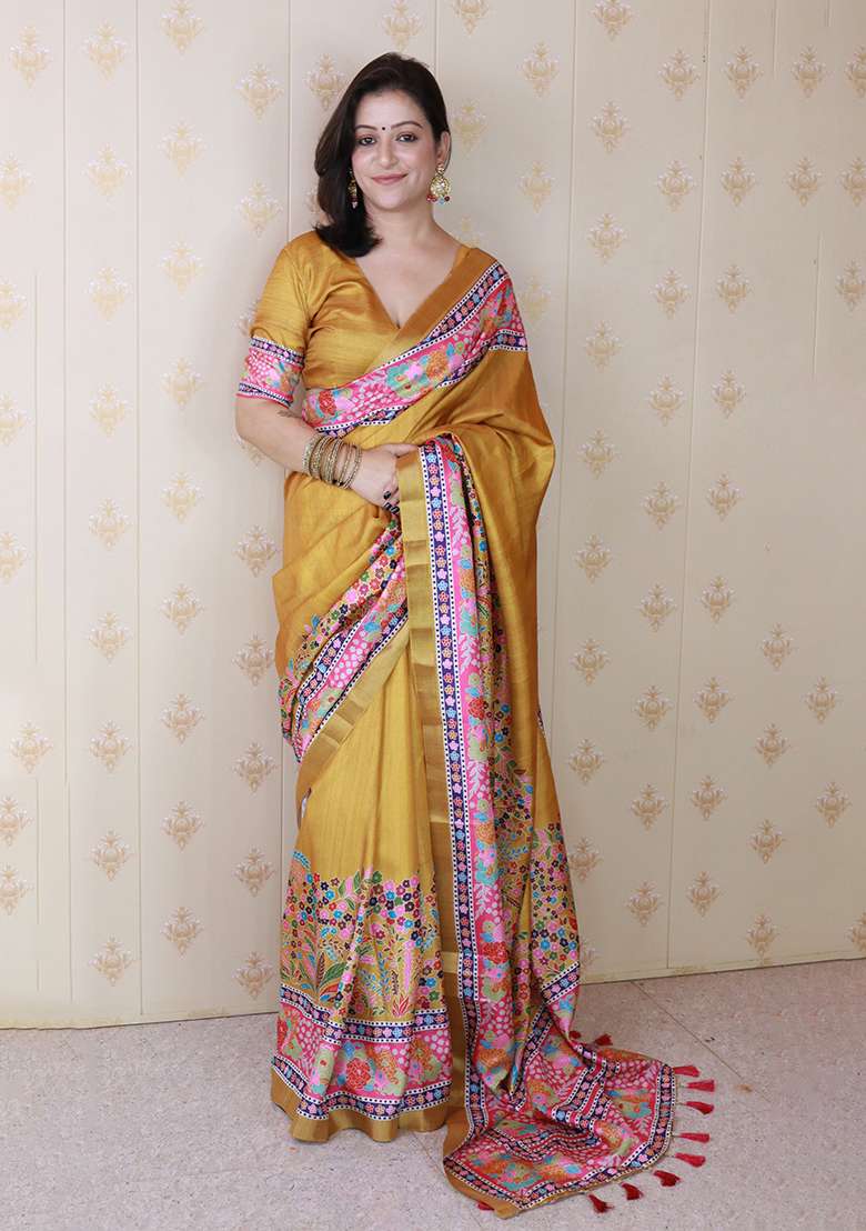 Yellow Zari Work Tussar Silk Saree Set - Indya