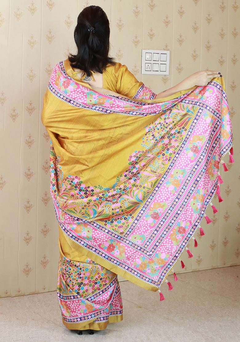 Yellow Zari Work Tussar Silk Saree Set